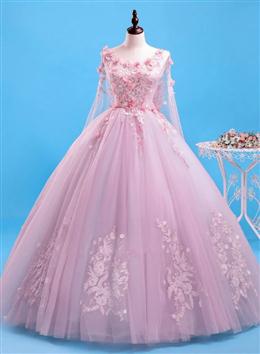 Picture of Pretty Pink Flowers Long Formal Dress, Pink Sweet 16 Gown Party Dress